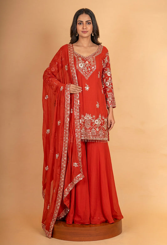 Elegant Red Embroidered Kurta Sharara Set with Dupatta | Designer Festive & Wedding Wear