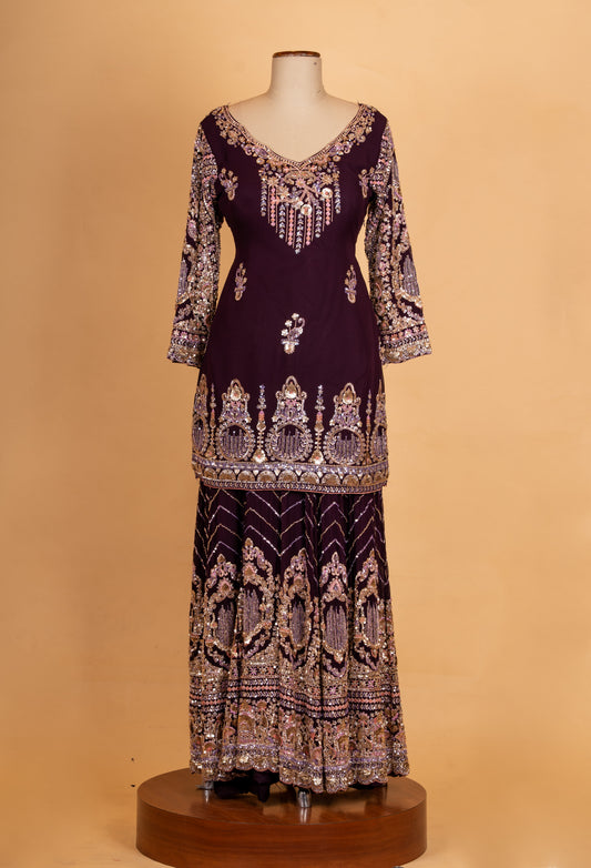 Wine purple embroidered sharara suit with dupatta – product image 2