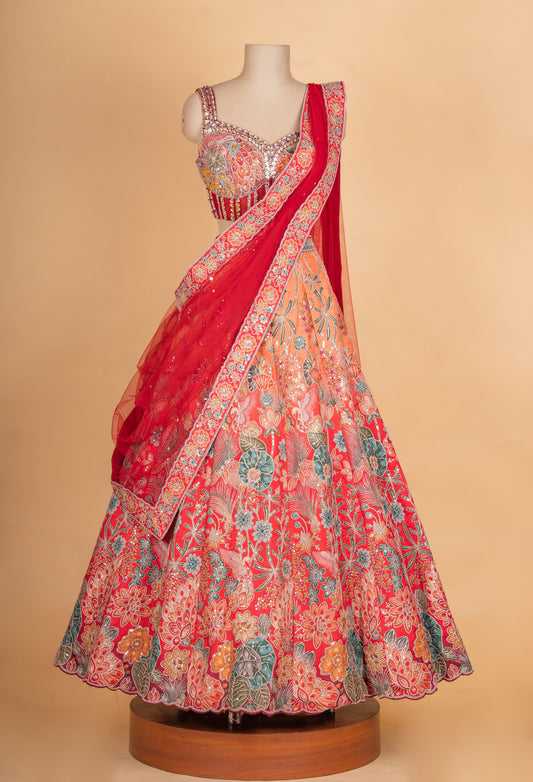 Coral red floral embroidered lehenga choli with net dupatta – product image 2
