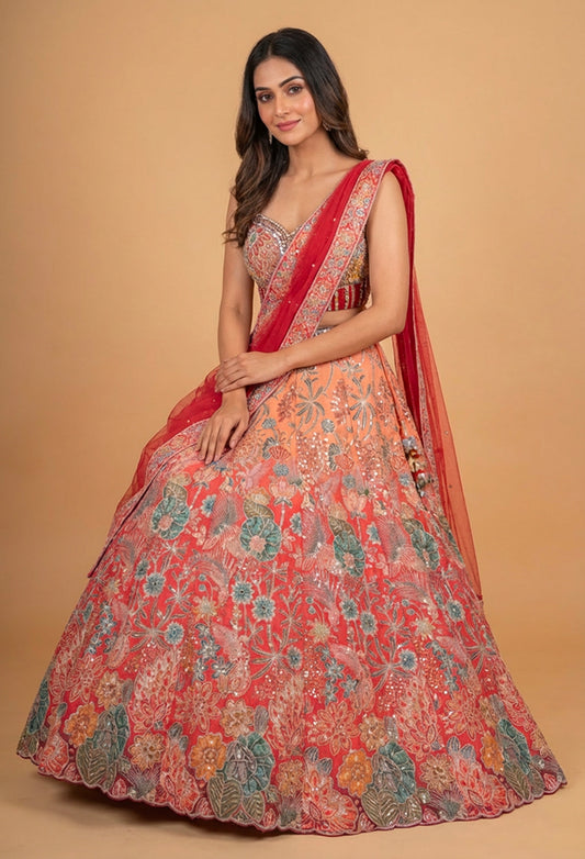 Designer Coral Red Floral Embroidered Lehenga Choli with Net Dupatta | Festive & Wedding Wear Lehenga