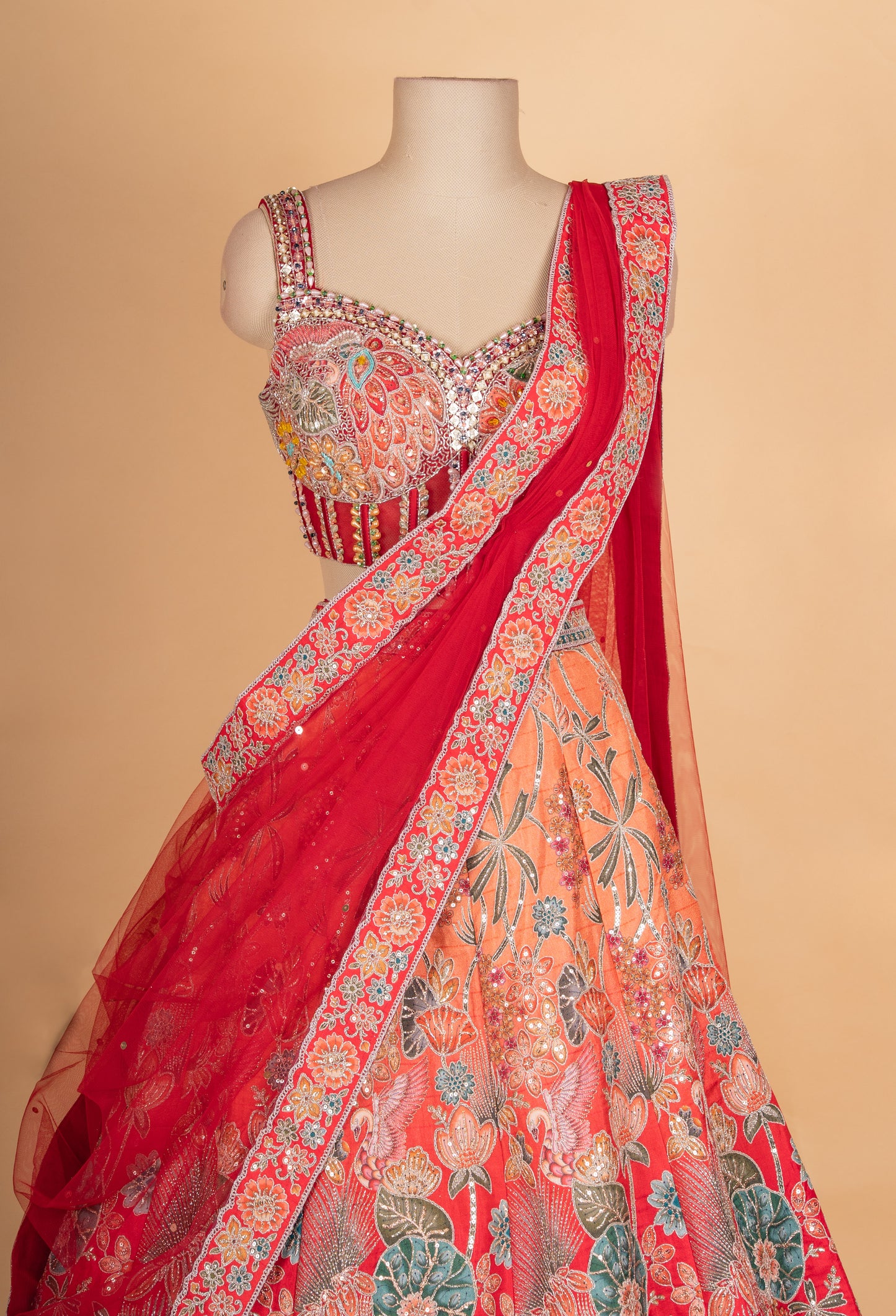 Designer Coral Red Floral Embroidered Lehenga Choli with Net Dupatta | Festive & Wedding Wear Lehenga
