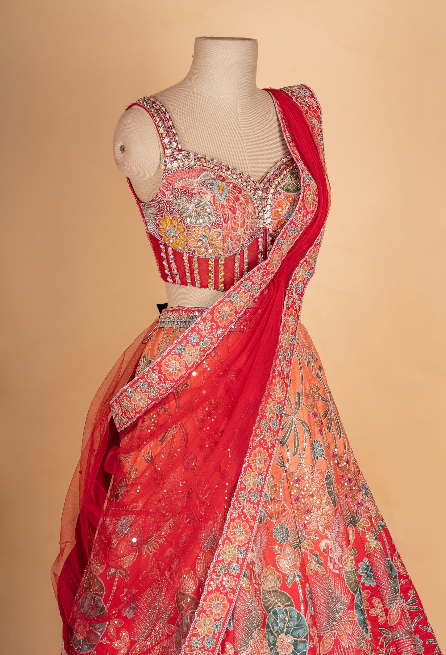 Designer Coral Red Floral Embroidered Lehenga Choli with Net Dupatta | Festive & Wedding Wear Lehenga