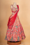 Designer Coral Red Floral Embroidered Lehenga Choli with Net Dupatta | Festive & Wedding Wear Lehenga