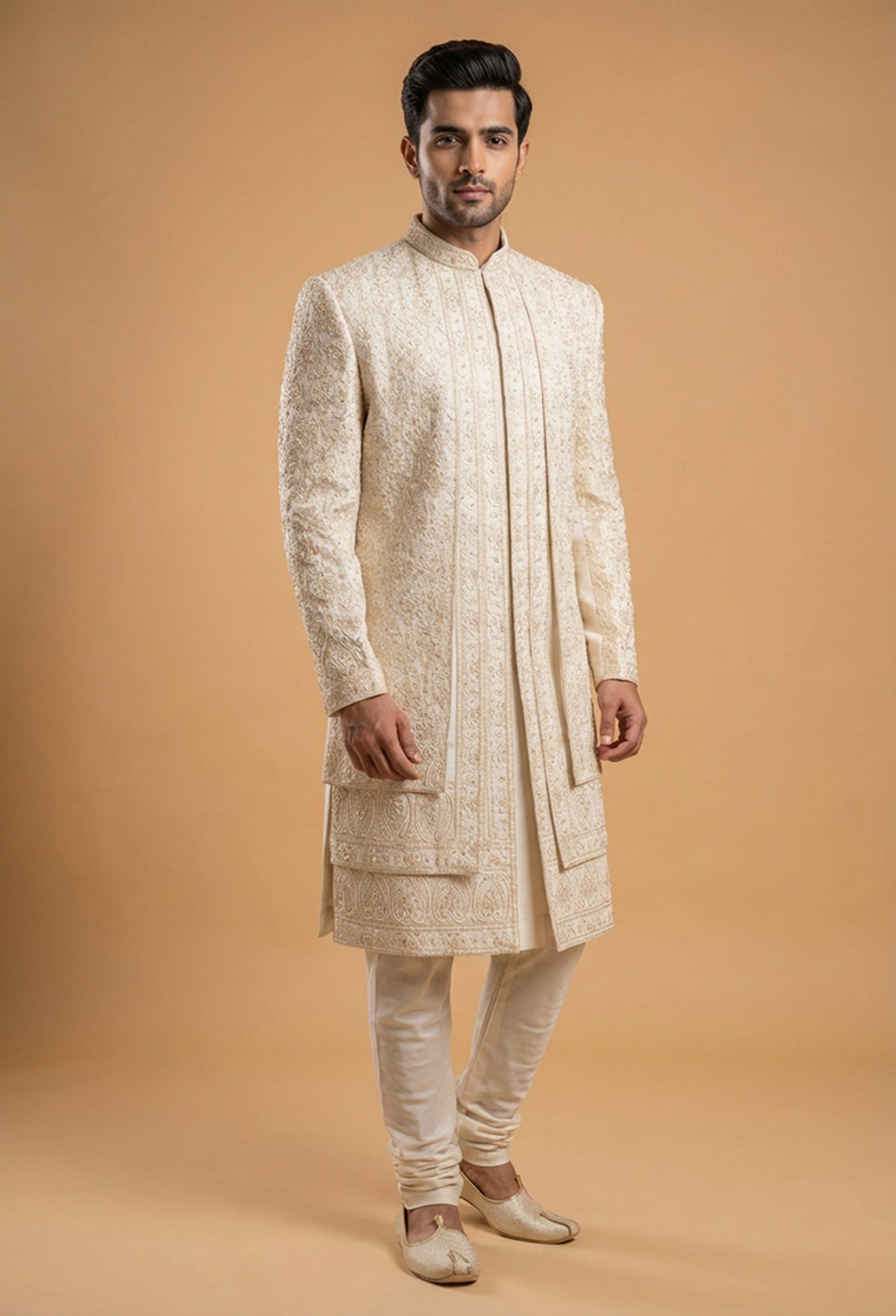 Luxury Cream Embroidered Sherwani Set for Men | Designer Wedding & Groom Ethnic Wear