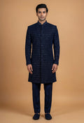 Designer Navy Blue Textured Sherwani Set for Men | Elegant Wedding & Festive Wear Indo-Western Sherwani