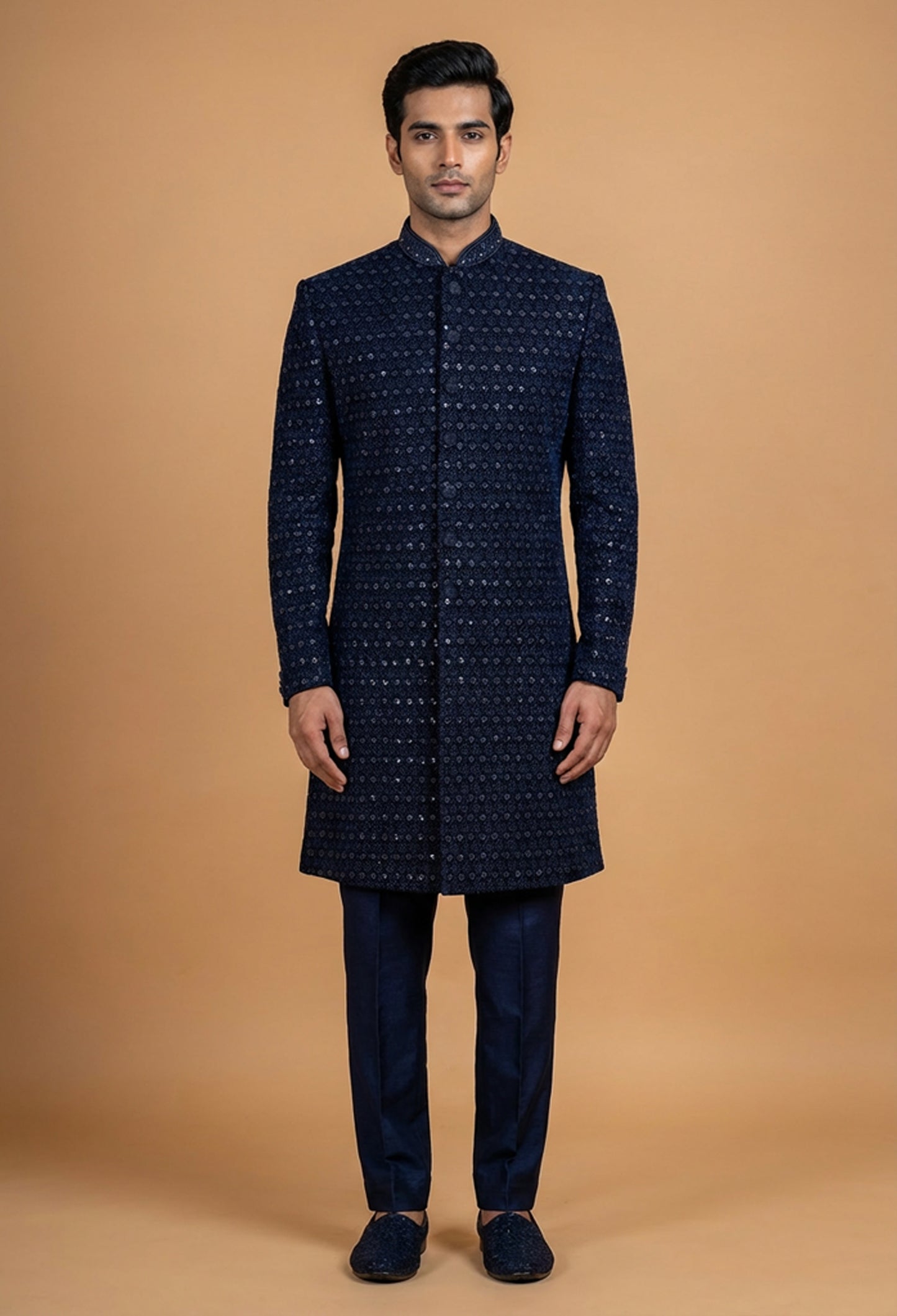 Designer Navy Blue Textured Sherwani Set for Men | Elegant Wedding & Festive Wear Indo-Western Sherwani
