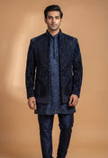 Midnight Blue Embroidered Indo-Western Sherwani Set for Men | Designer Festive & Wedding Wear