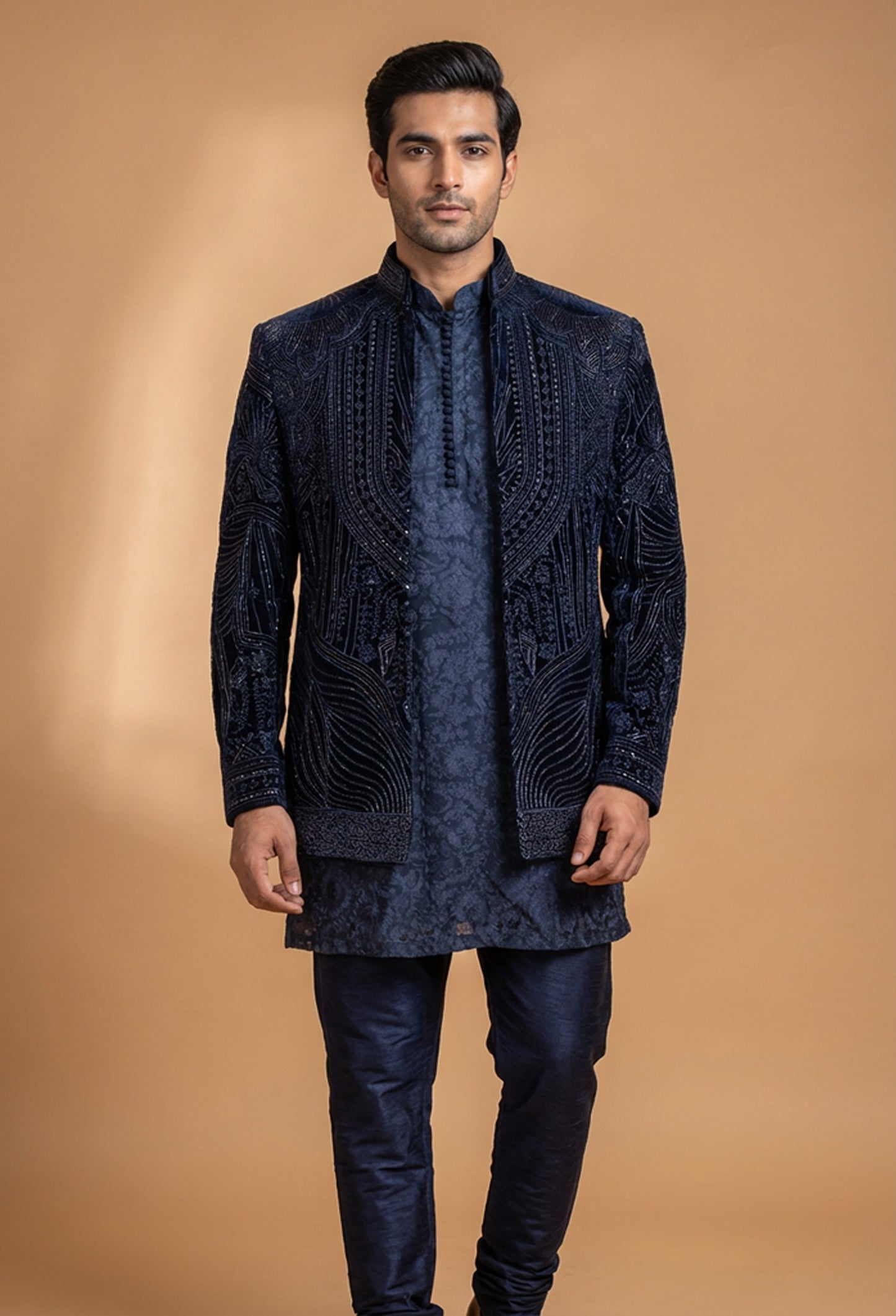 Midnight Blue Embroidered Indo-Western Sherwani Set for Men | Designer Festive & Wedding Wear