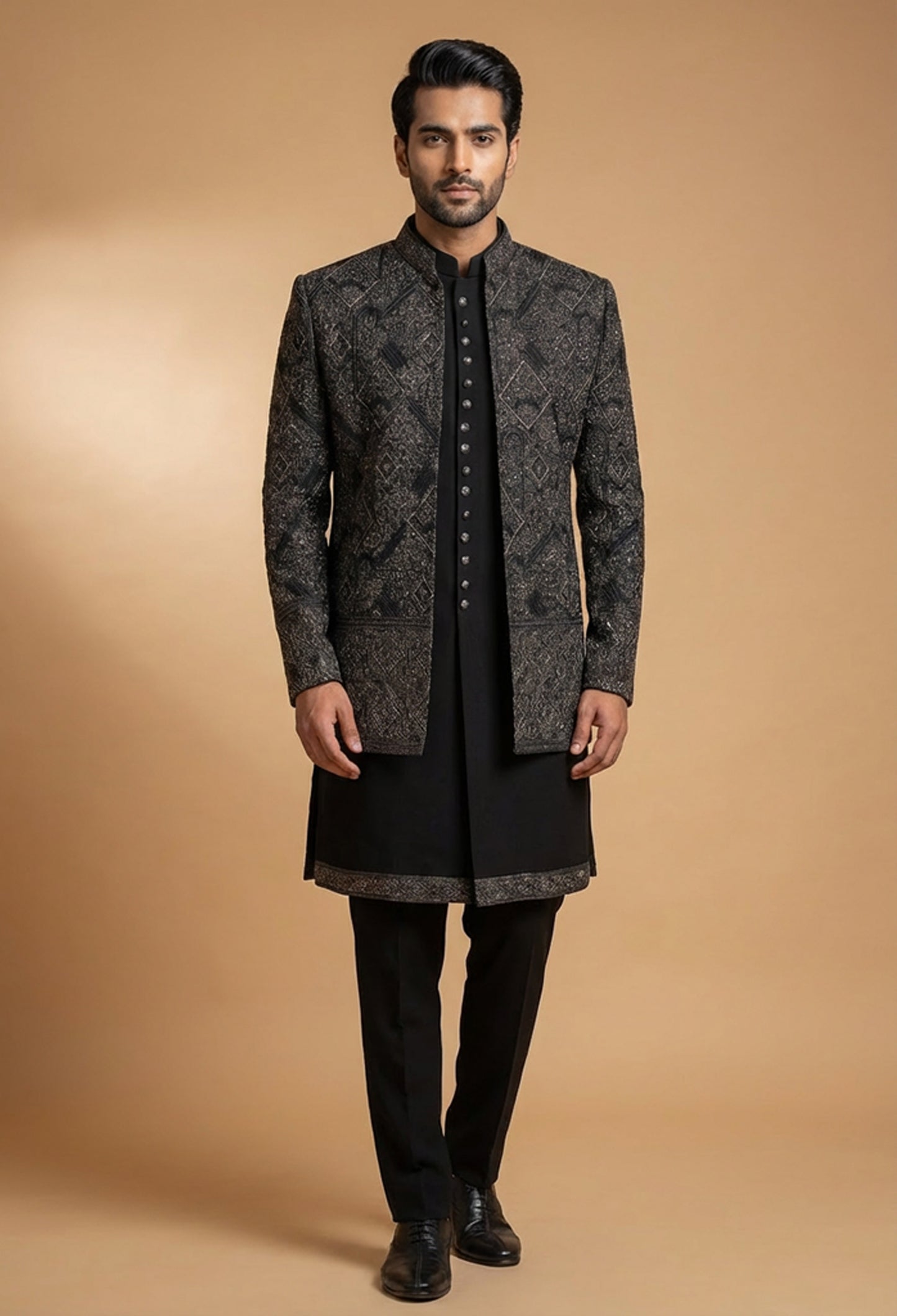 Black Embroidered Indo-Western Sherwani Set for Men | Designer Contemporary Wedding & Festive Wear