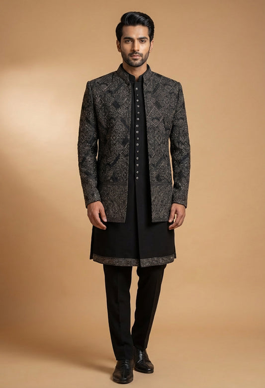 Black Embroidered Indo-Western Sherwani Set for Men | Designer Contemporary Wedding & Festive Wear
