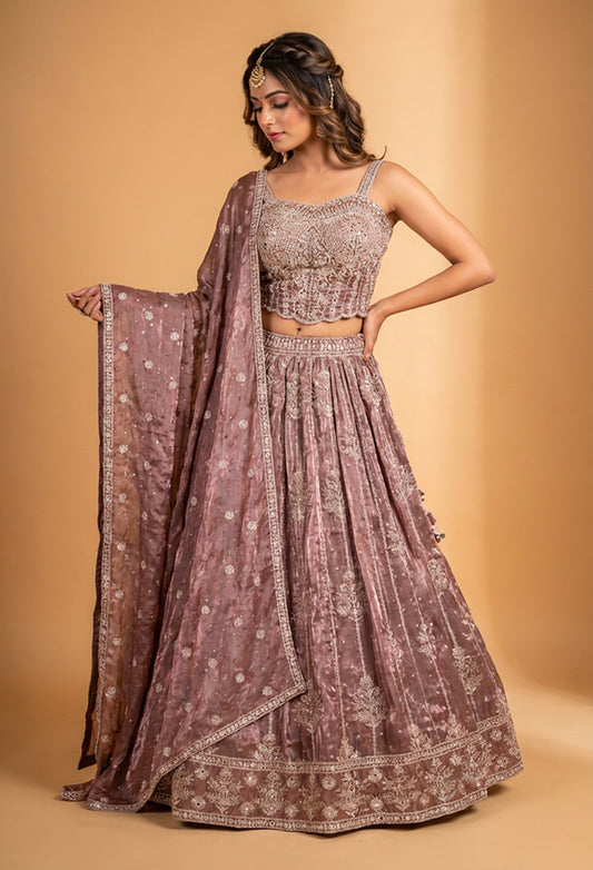 Designer Dusty Mauve Embroidered Lehenga Choli with Dupatta | Elegant Wedding & Festive Wear Lehenga