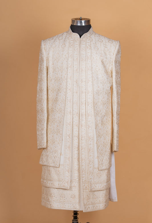 Cream embroidered sherwani set for men – product image 2