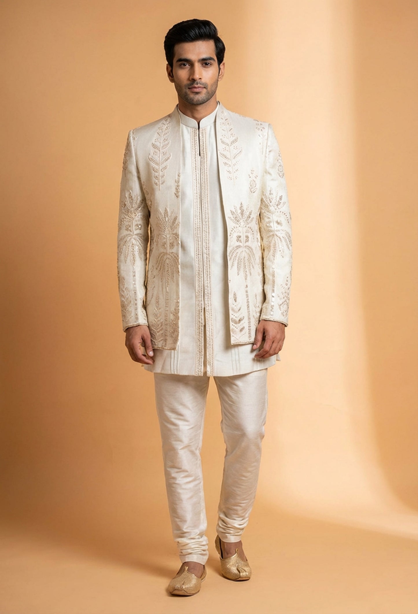 Elegant Ivory Embroidered Sherwani Set for Men | Designer Wedding & Festive Wear Indo-Western Sherwani