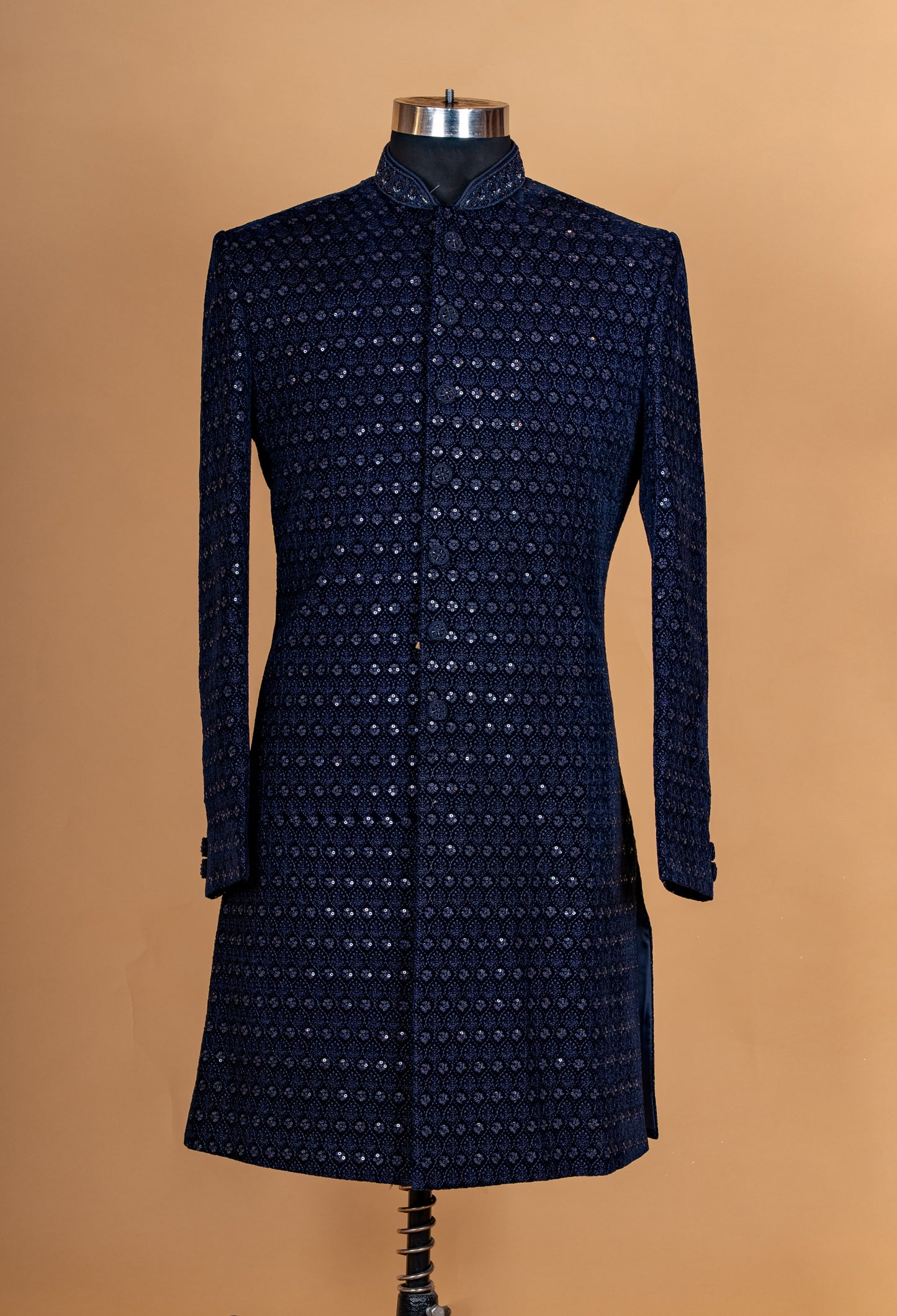 Designer Navy Blue Textured Sherwani Set for Men | Elegant Wedding & Festive Wear Indo-Western Sherwani