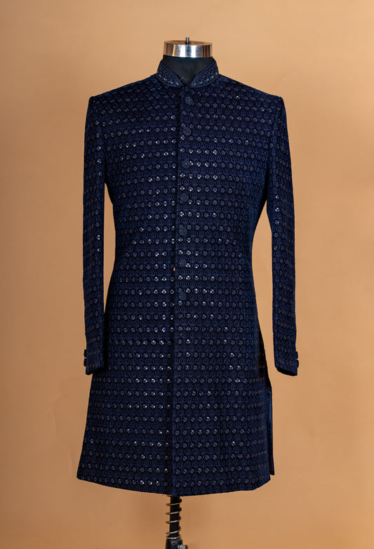 Navy blue textured sherwani set for men – product image 2