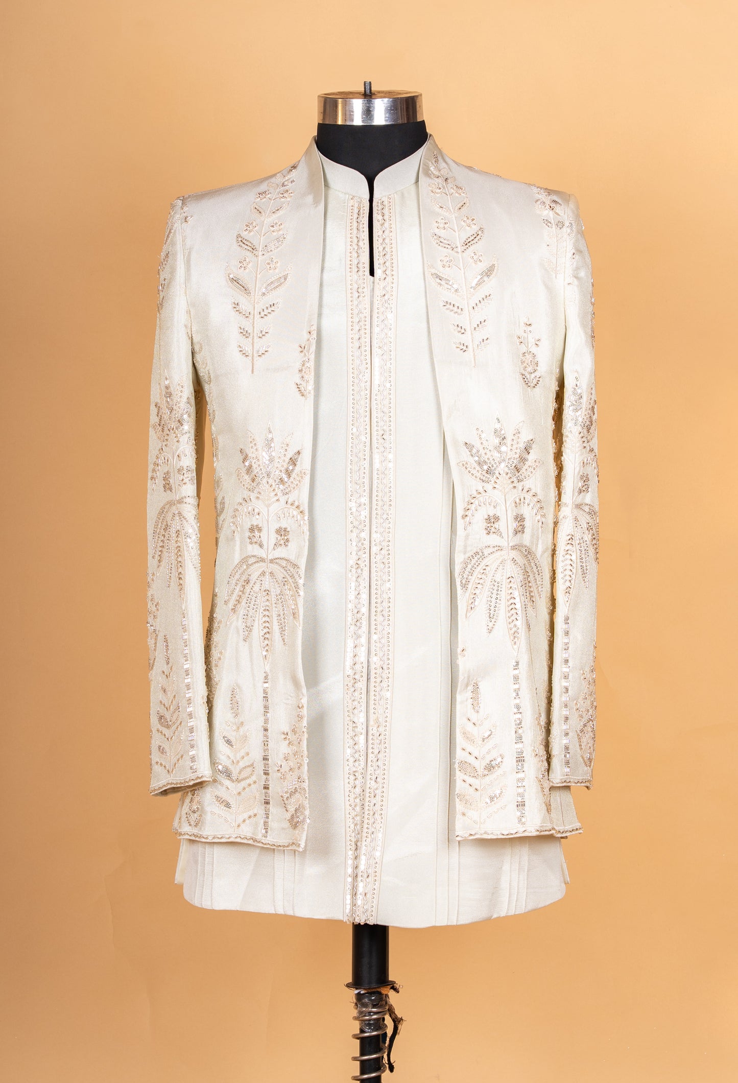 Elegant Ivory Embroidered Sherwani Set for Men | Designer Wedding & Festive Wear Indo-Western Sherwani