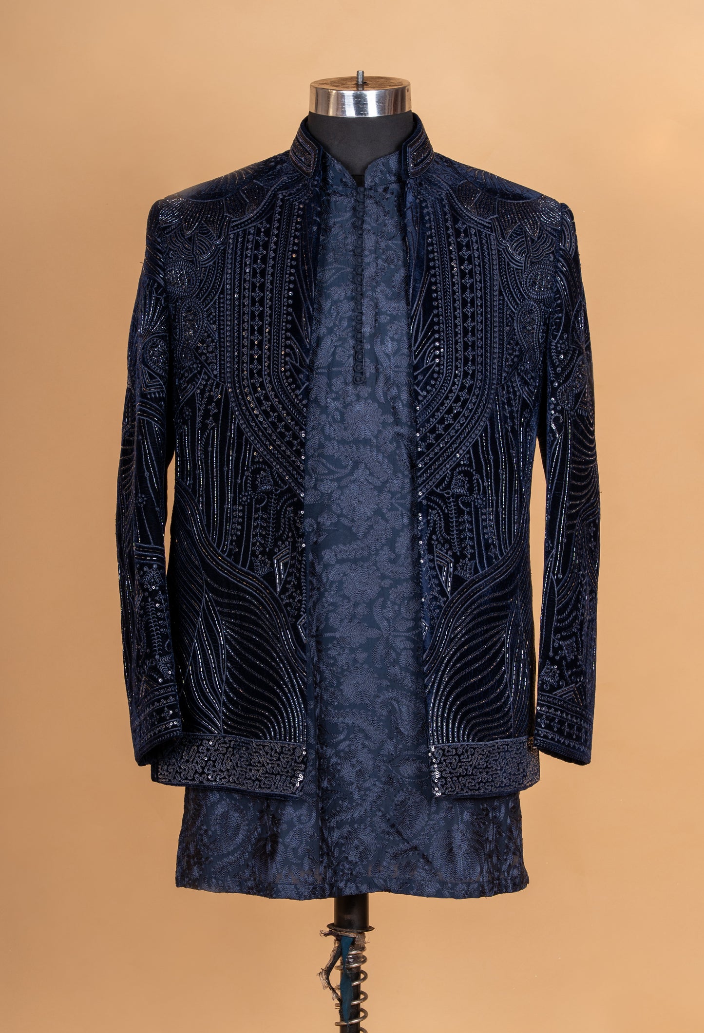 Midnight Blue Embroidered Indo-Western Sherwani Set for Men | Designer Festive & Wedding Wear