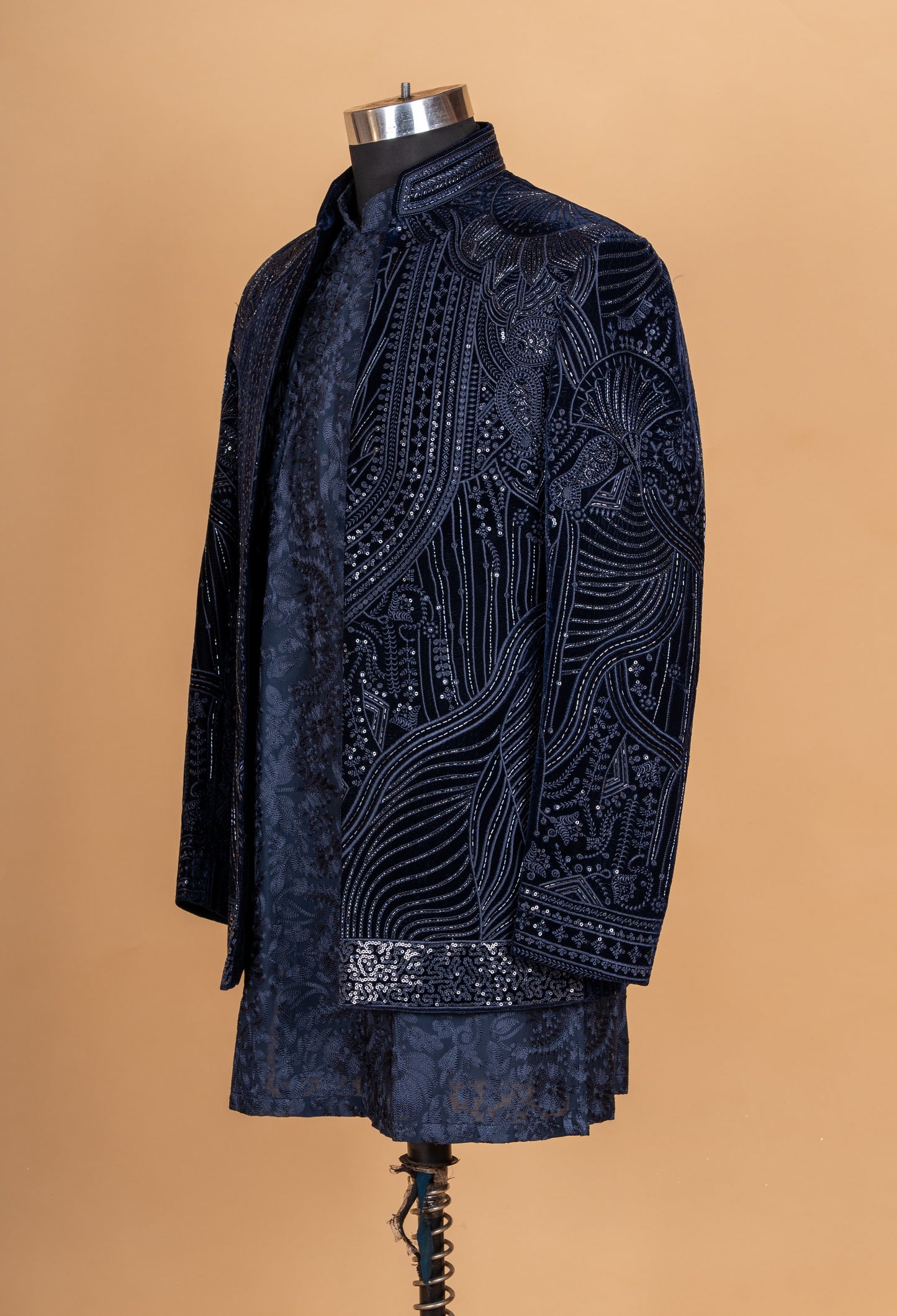 Midnight Blue Embroidered Indo-Western Sherwani Set for Men | Designer Festive & Wedding Wear