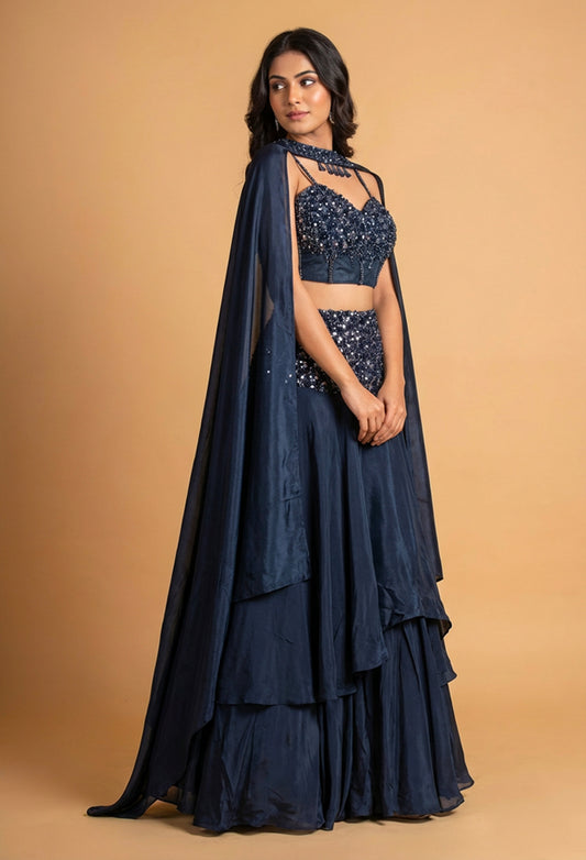 Midnight Blue Sequined Lehenga Set with Cape Dupatta | Designer Cocktail & Evening Wear