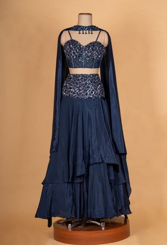 Midnight blue lehenga with sequin embellished blouse by ASMA