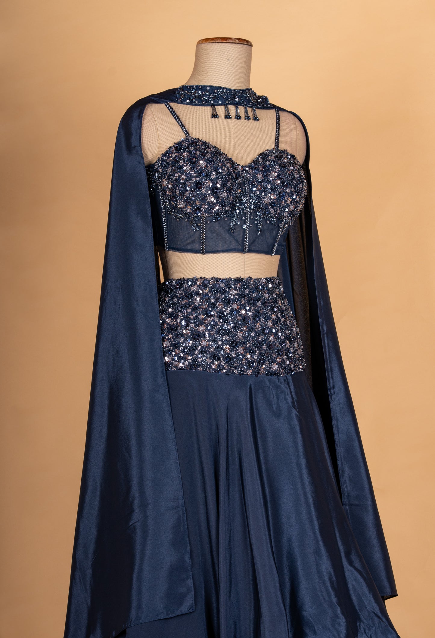 Midnight Blue Sequined Lehenga Set with Cape Dupatta | Designer Cocktail & Evening Wear