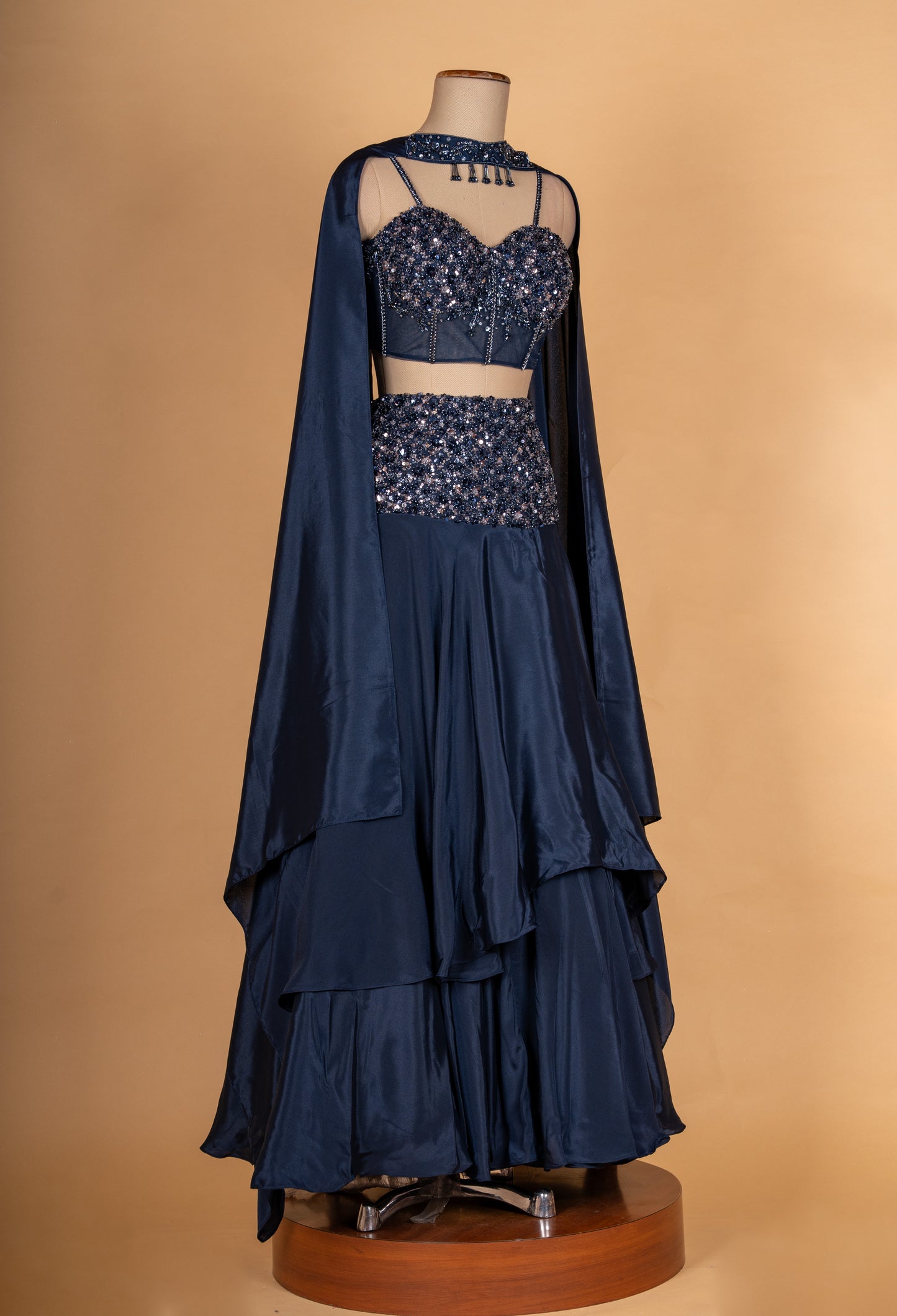 Midnight Blue Sequined Lehenga Set with Cape Dupatta | Designer Cocktail & Evening Wear