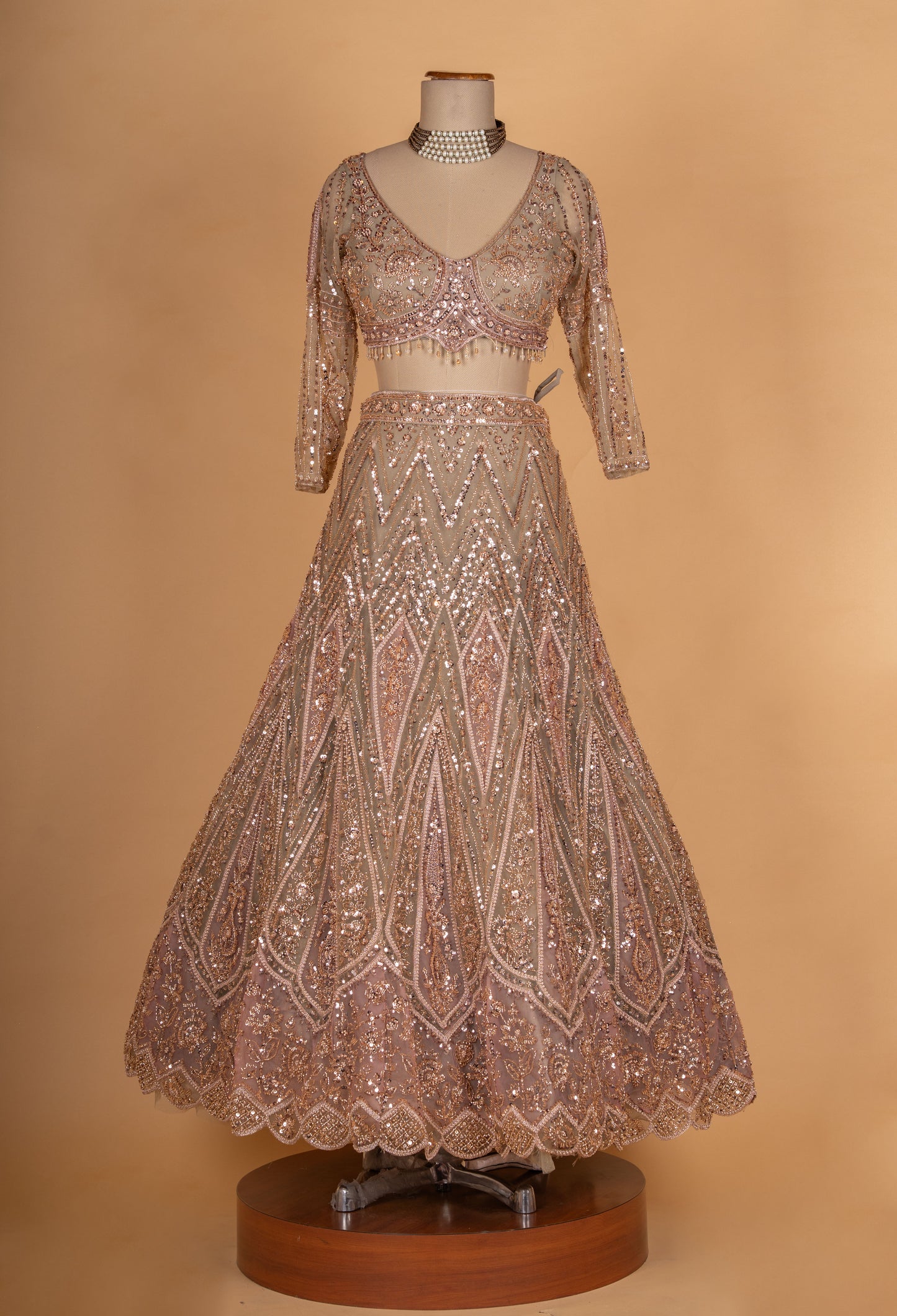 Rose Gold Sequined Bridal Lehenga Set with Net Dupatta | Designer Wedding & Reception Wear