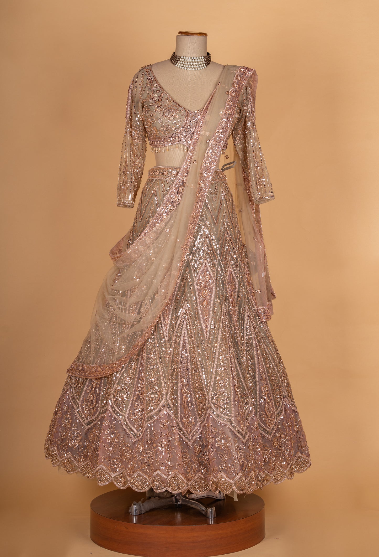 Rose Gold Sequined Bridal Lehenga Set with Net Dupatta | Designer Wedding & Reception Wear