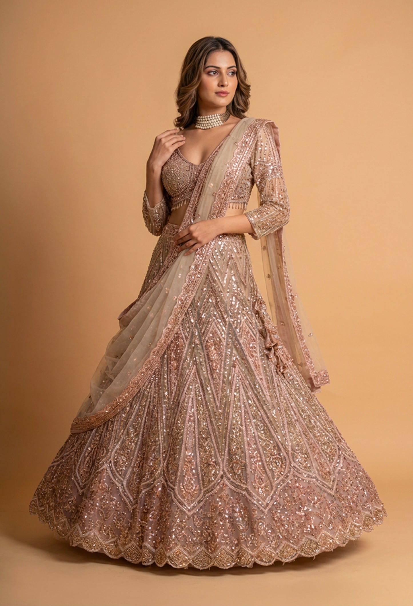 Rose Gold Sequined Bridal Lehenga Set with Net Dupatta | Designer Wedding & Reception Wear