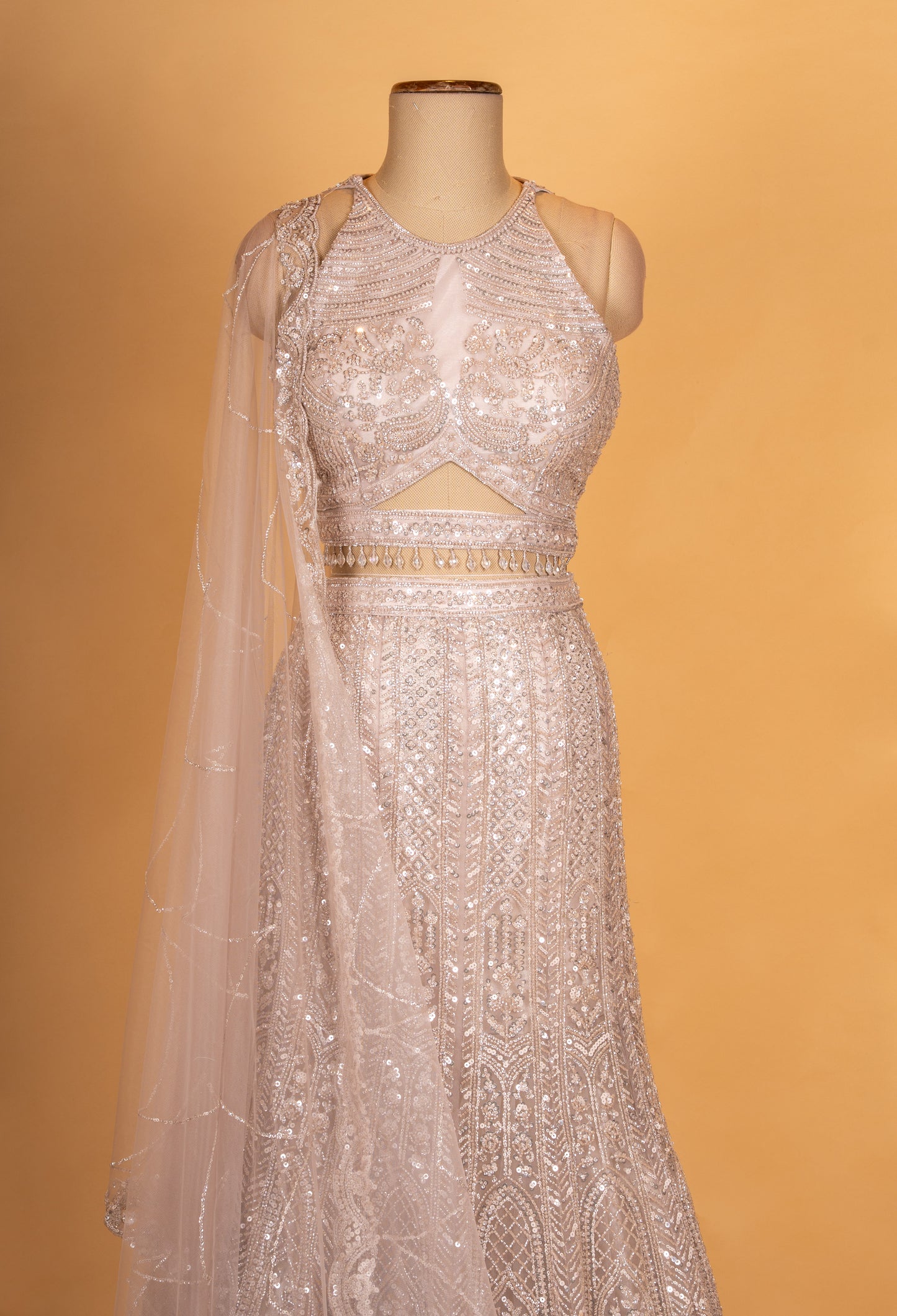 Champagne Beige Sequined Lehenga Set with Halter Neck Blouse & Net Dupatta | Designer Reception Wear