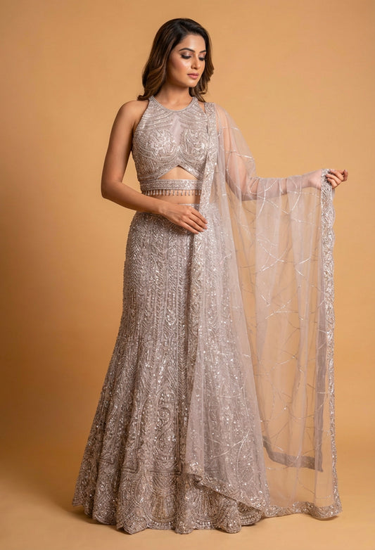 Champagne Beige Sequined Lehenga Set with Halter Neck Blouse & Net Dupatta | Designer Reception Wear