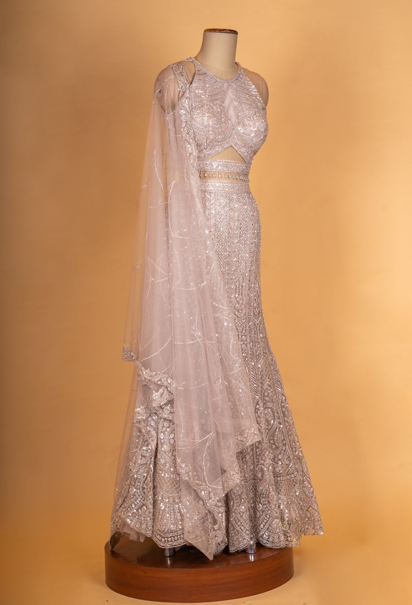 Champagne Beige Sequined Lehenga Set with Halter Neck Blouse & Net Dupatta | Designer Reception Wear