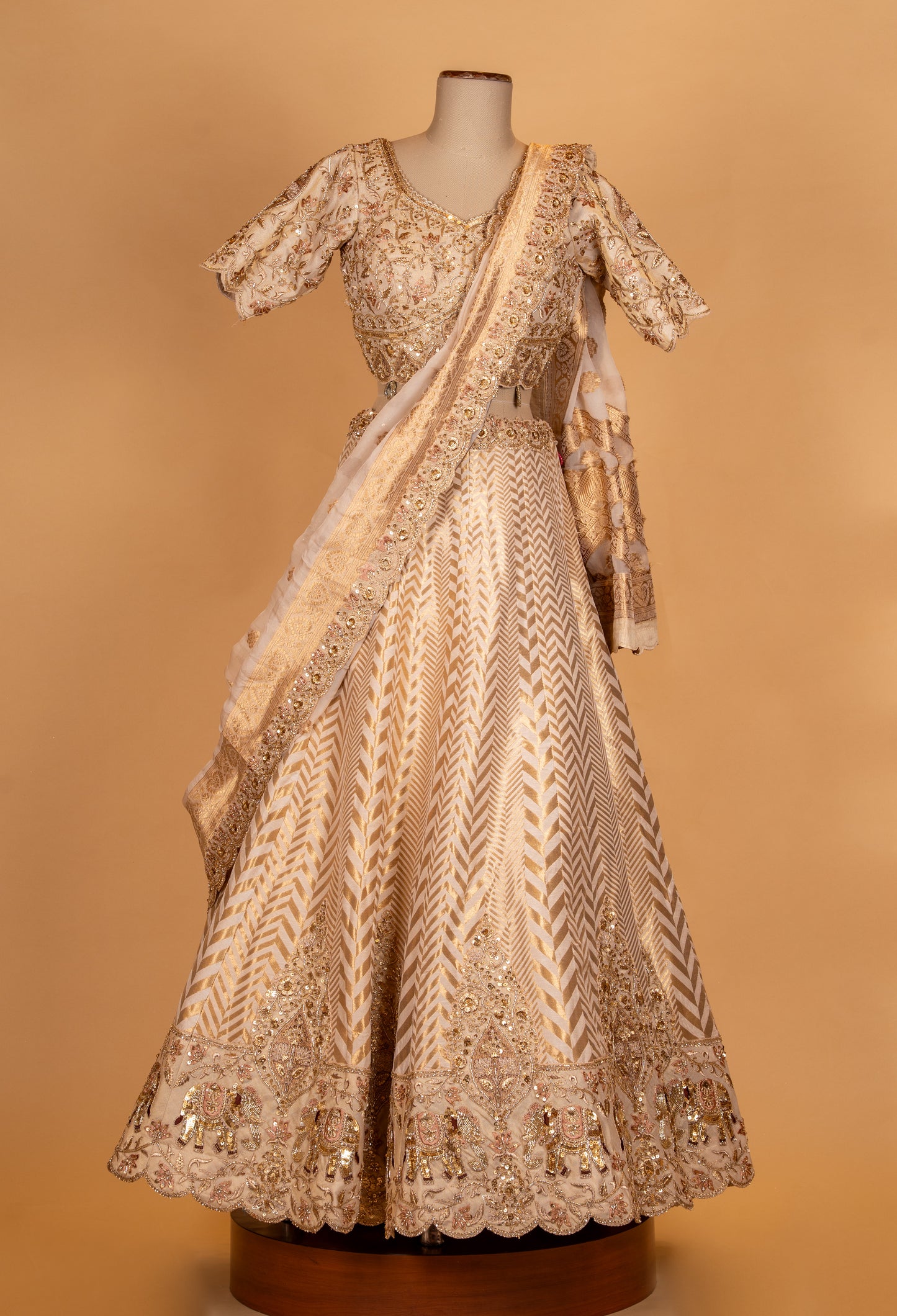 Ivory Gold Embroidered Lehenga Set with Backless Blouse & Sheer Dupatta | Luxury Bridal Wear