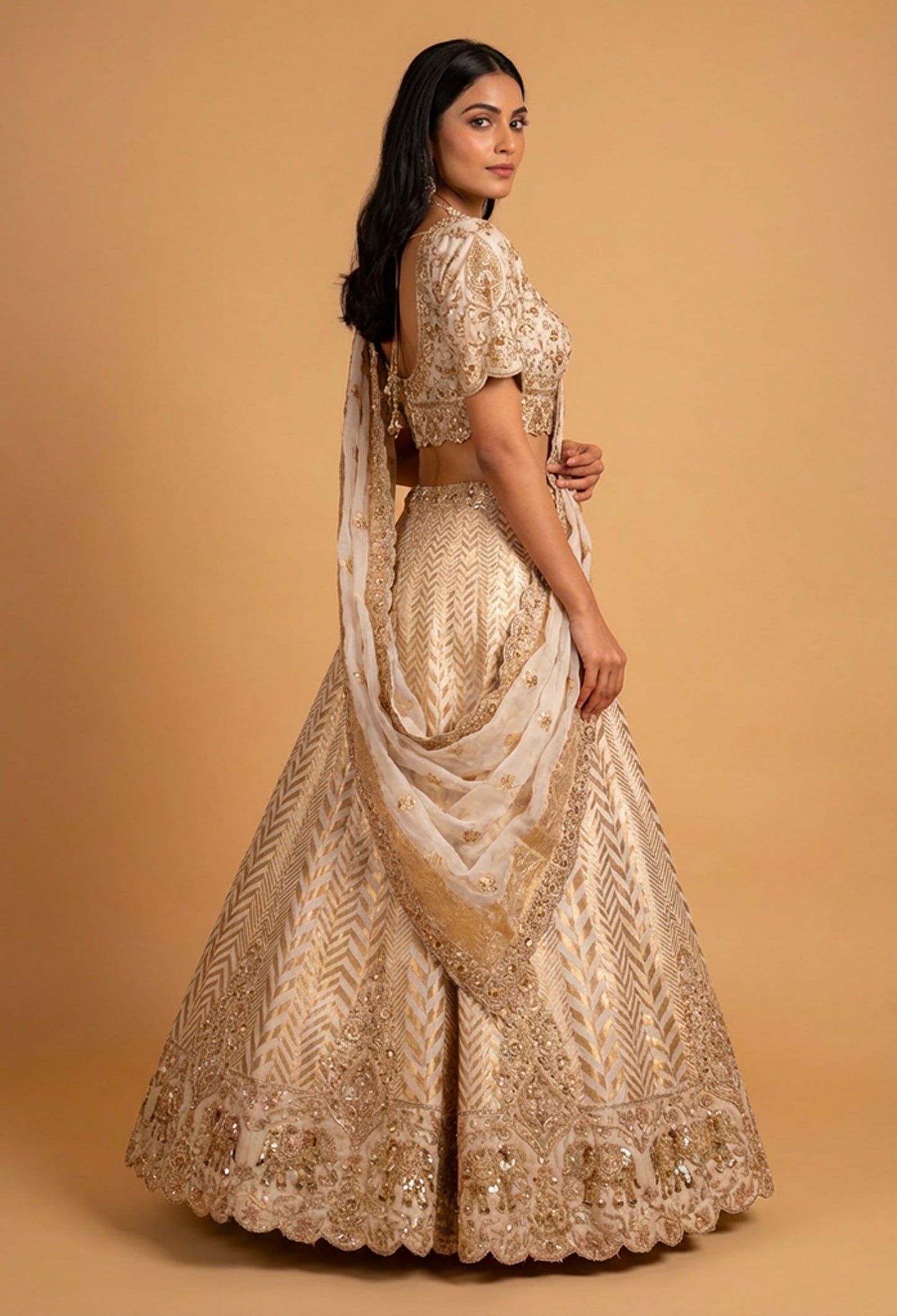 Ivory Gold Embroidered Lehenga Set with Backless Blouse & Sheer Dupatta | Luxury Bridal Wear