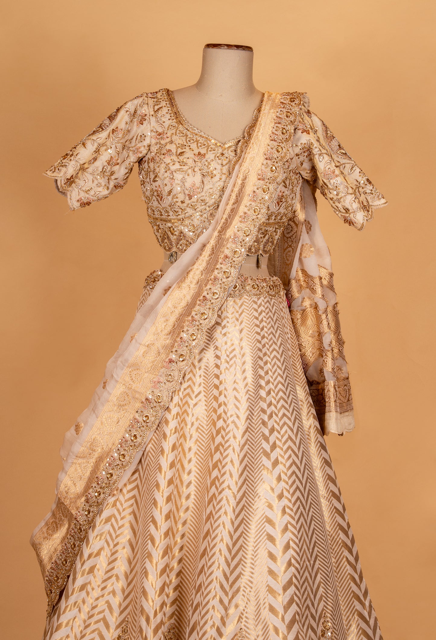 Ivory Gold Embroidered Lehenga Set with Backless Blouse & Sheer Dupatta | Luxury Bridal Wear