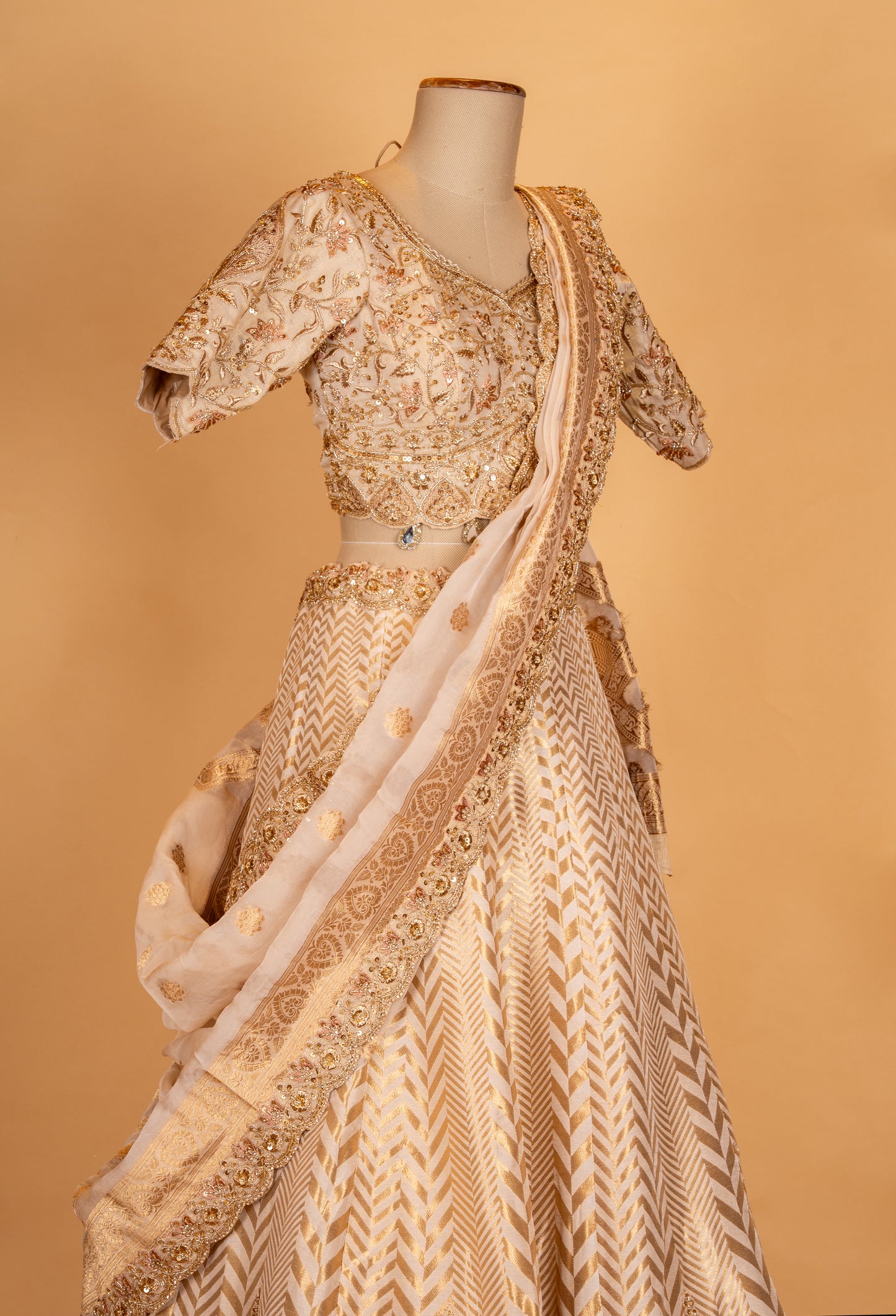 Ivory Gold Embroidered Lehenga Set with Backless Blouse & Sheer Dupatta | Luxury Bridal Wear