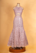 Champagne Beige Sequined Lehenga Set with Halter Neck Blouse & Net Dupatta | Designer Reception Wear