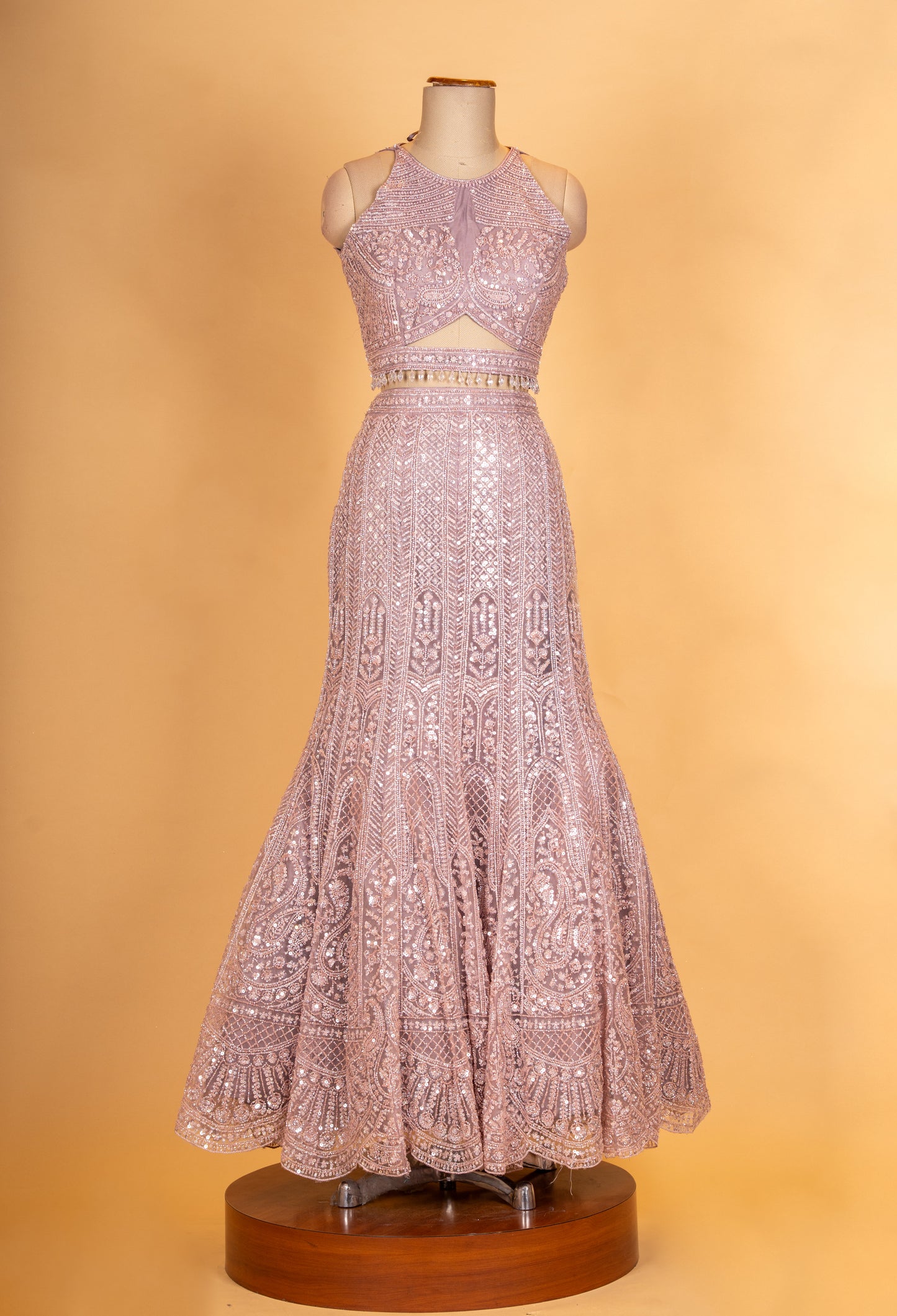 Champagne Beige Sequined Lehenga Set with Halter Neck Blouse & Net Dupatta | Designer Reception Wear