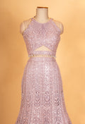 Champagne Beige Sequined Lehenga Set with Halter Neck Blouse & Net Dupatta | Designer Reception Wear