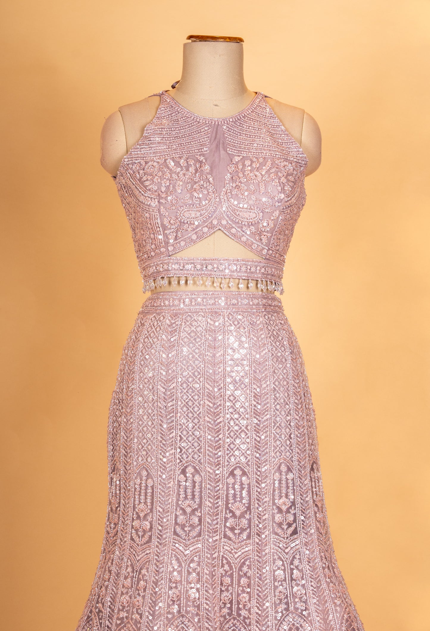 Champagne Beige Sequined Lehenga Set with Halter Neck Blouse & Net Dupatta | Designer Reception Wear