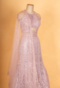 Champagne Beige Sequined Lehenga Set with Halter Neck Blouse & Net Dupatta | Designer Reception Wear