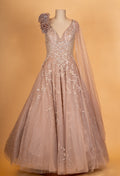 Elegant Taupe Embroidered Evening Gown with Cape Sleeve | Designer Party & Reception Wear