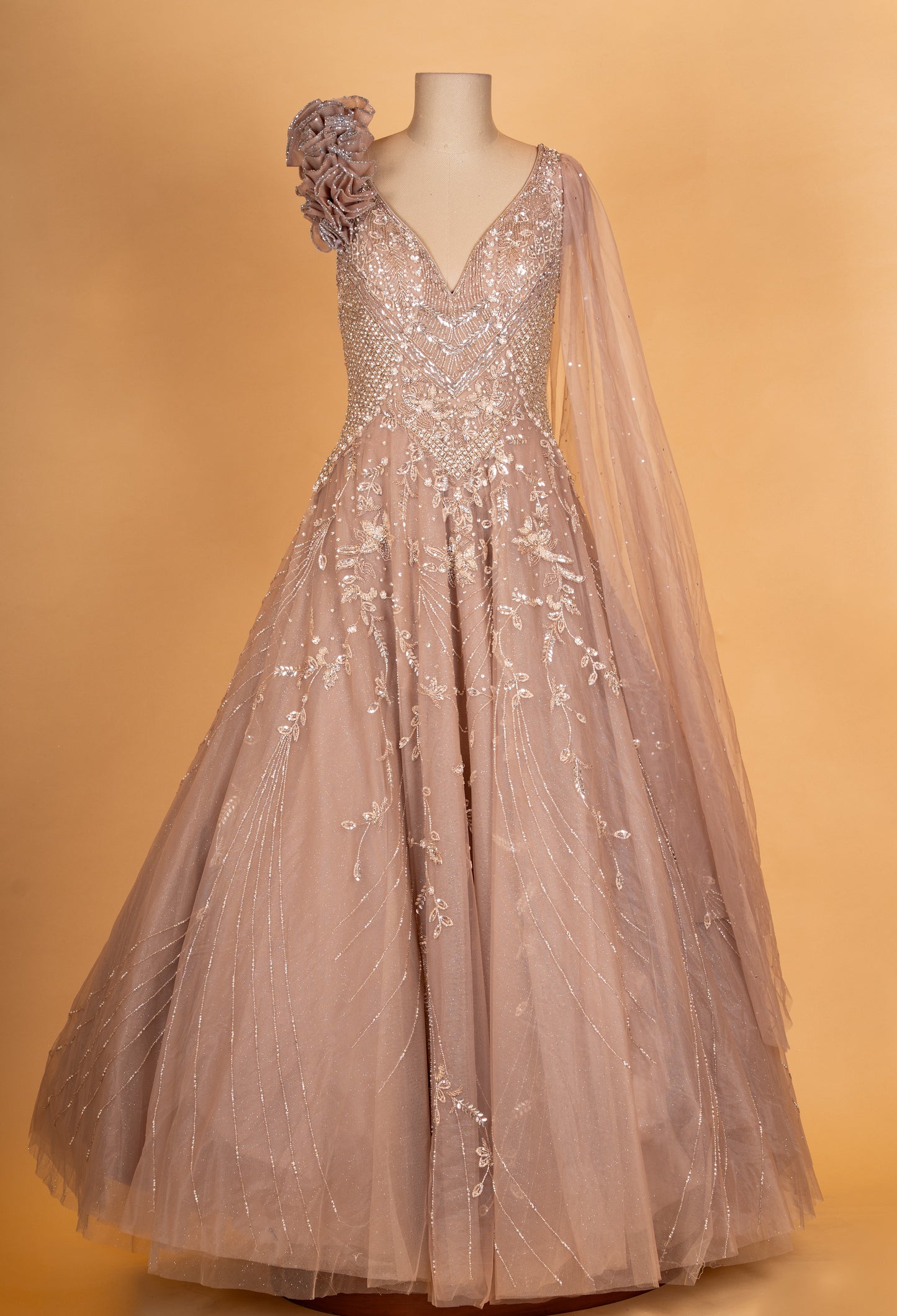Elegant Taupe Embroidered Evening Gown with Cape Sleeve | Designer Party & Reception Wear