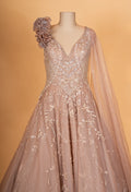 Elegant Taupe Embroidered Evening Gown with Cape Sleeve | Designer Party & Reception Wear