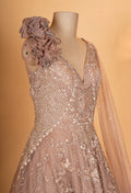 Elegant Taupe Embroidered Evening Gown with Cape Sleeve | Designer Party & Reception Wear