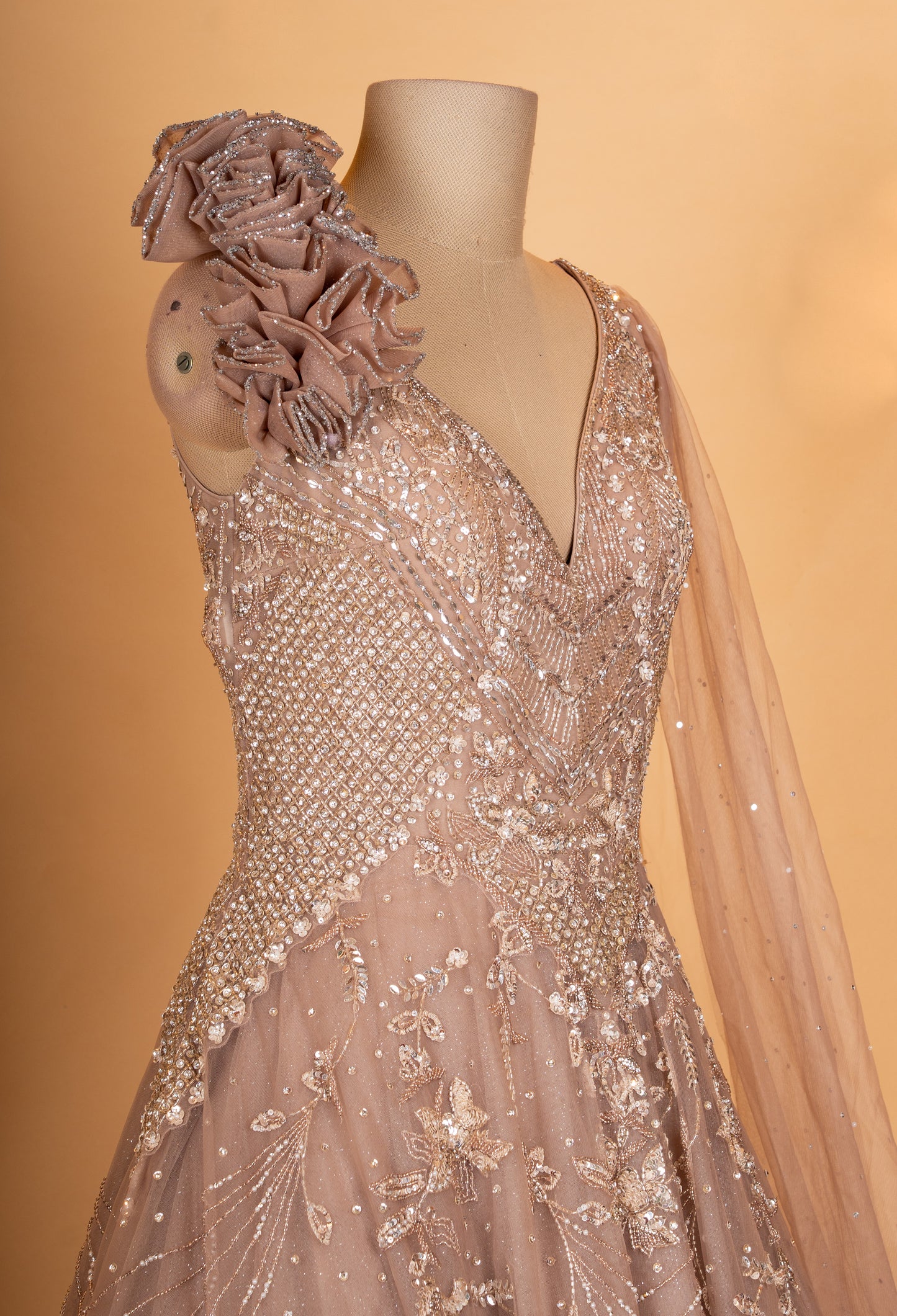 Elegant Taupe Embroidered Evening Gown with Cape Sleeve | Designer Party & Reception Wear