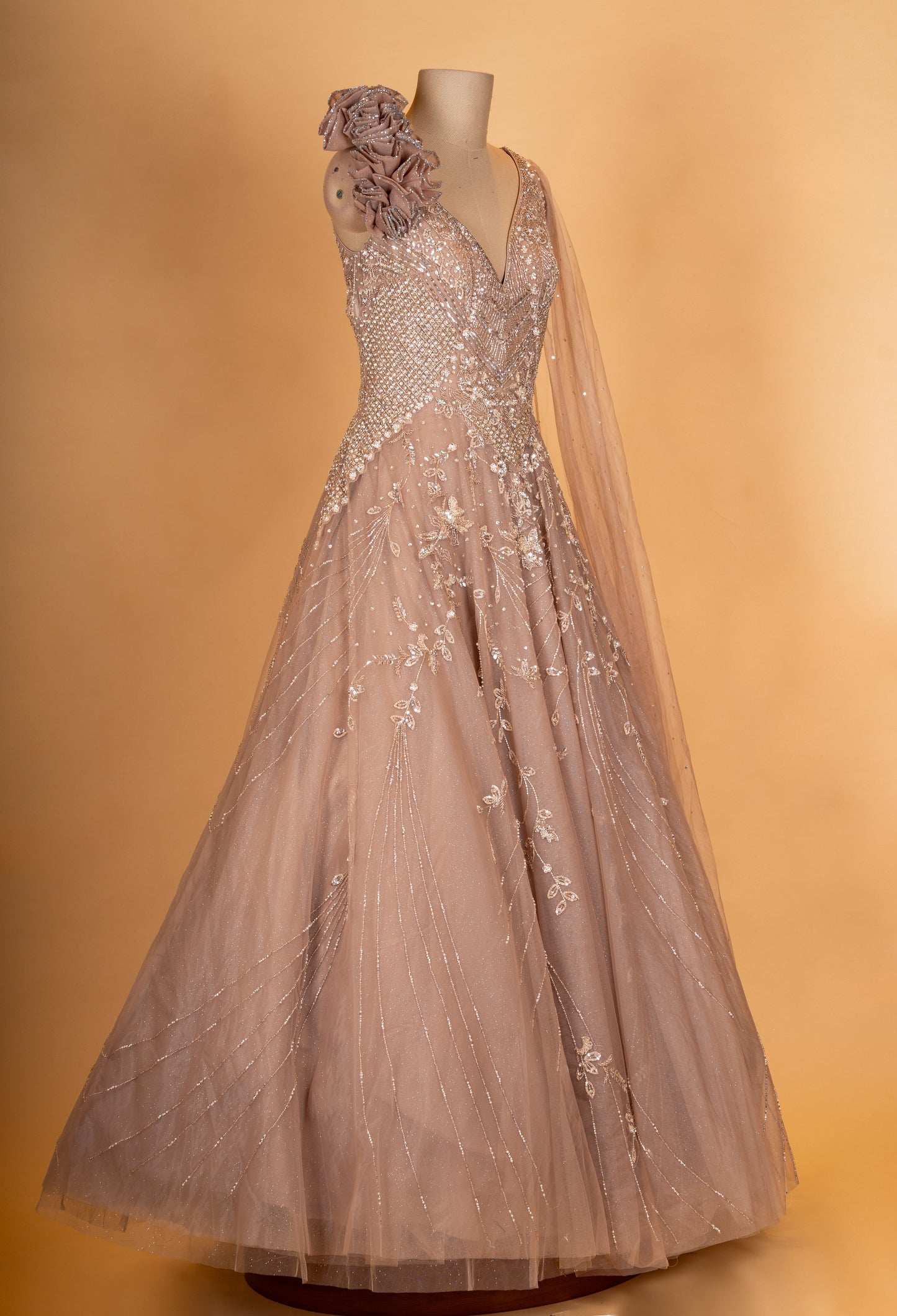 Elegant Taupe Embroidered Evening Gown with Cape Sleeve | Designer Party & Reception Wear