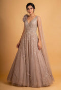 Elegant Taupe Embroidered Evening Gown with Cape Sleeve | Designer Party & Reception Wear