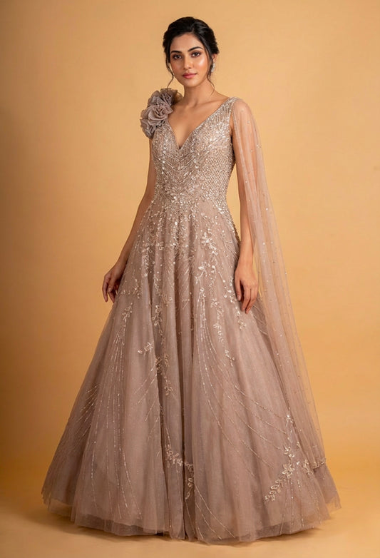 Elegant Taupe Embroidered Evening Gown with Cape Sleeve | Designer Party & Reception Wear