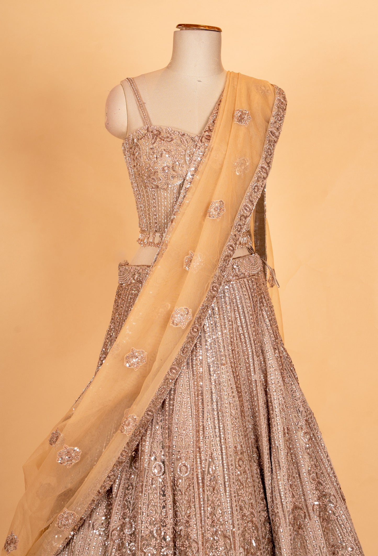 Champagne Gold Embroidered Lehenga Set with Net Dupatta | Designer Wedding & Reception Wear